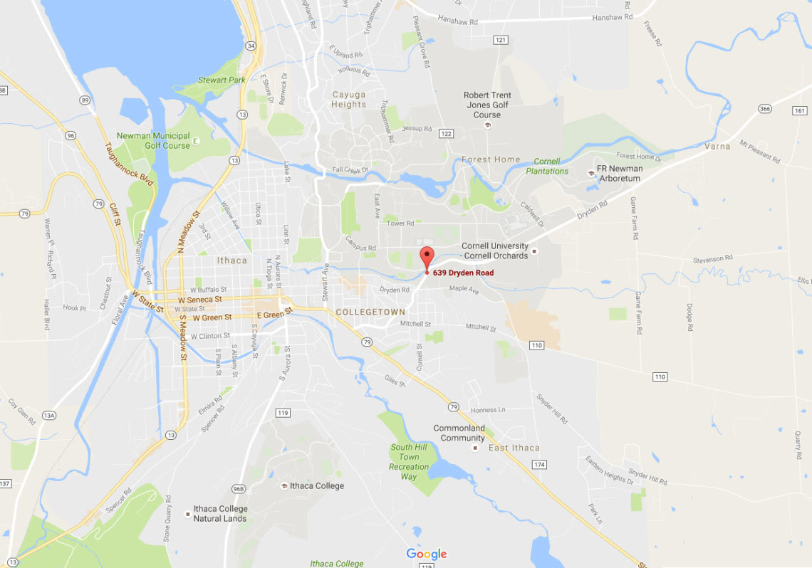 Google Map showing location of Humphreys Service Building; 639 Dryden Rd., Ithaca NY 14853